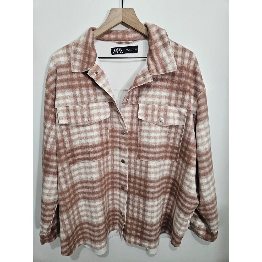 Zara Brown Plaid Oversized Shacket‎ Snap Front Jacket Womens XL